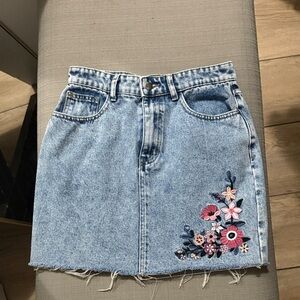 Francesca's Collections Blue Denim Skirt with Pink Floral Embroidery